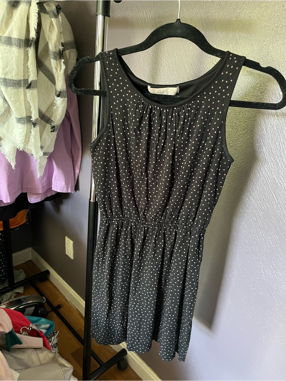 LOFT Black Mini Dress with White Polka Dots